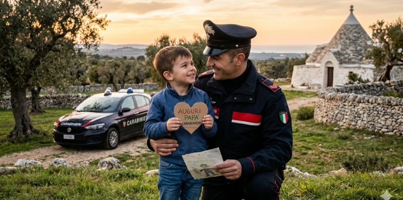 Carabiniere in uniforme abbraccia un bambino davanti a un trullo pugliese per la Festa del Papà UNARMA Puglia.