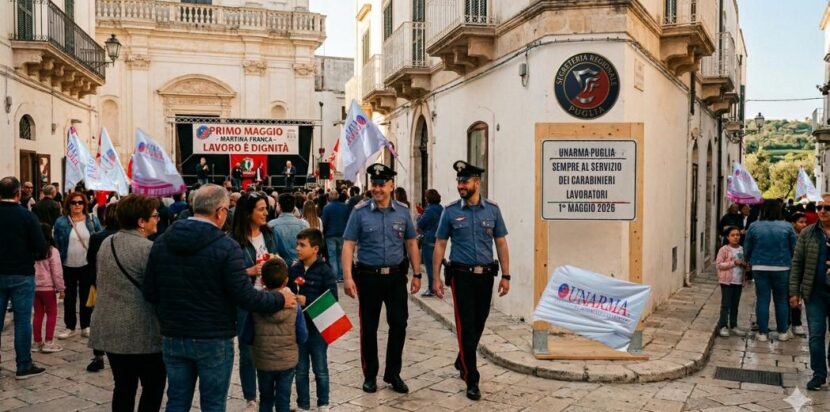 Una veduta a livello stradale di una storica piazza di Martina Franca durante la Festa dei Lavoratori. Unarma Puglia con le sue bandiere parla della tutela a chi ogni giorno produce sicurezza sulle strade.